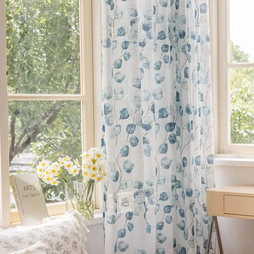 Miniatura 3 de SUOUO Cortinas blancas semitransparentes con hojas azules para dormitorio, comedor, sala de estar, lino texturizado de 84 pulgadas de largo