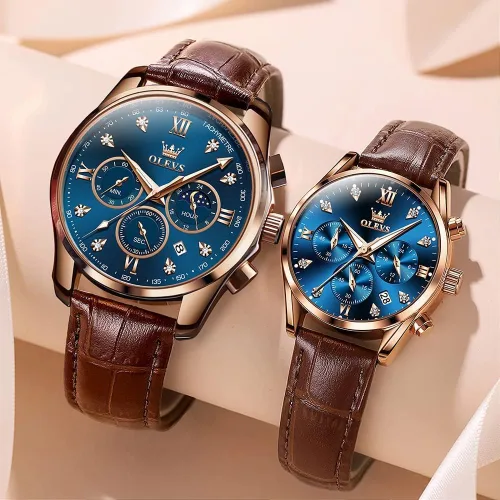 Miniatura 24 de OLEVS Juego de 2 relojes de cuarzo para parejas de San Valentín, para él y ella, cronógrafo de cuero, con diamantes para hombres, mujeres, amantes