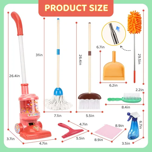 Miniatura 6 de Meland Juego de limpieza para niños, 8 piezas de escoba y aspiradora de juguete, juguetes de limpieza de casa para niños, regalo de cumpleaños