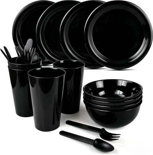 Miniatura 9 de Juego de platos y cuencos de plástico, platos esenciales para dormitorio universitario, platos de campamento, accesorios de vajilla, kit de Gris