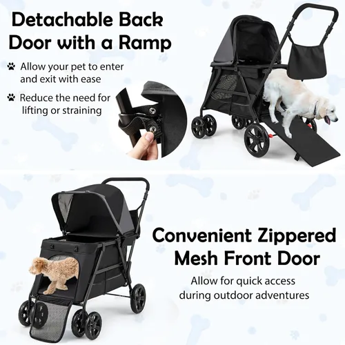 Miniatura 4 de Giantex Cochecito para perros con entrada baja y acceso a rampa, cochecito para gatos con ruedas todo terreno bloqueables y que absorben los golpes