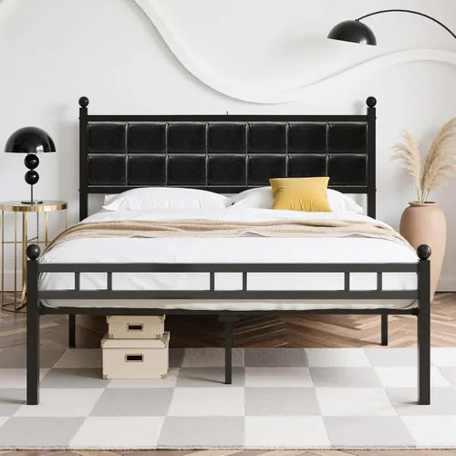VECELO Base de cama matrimonial, cama tapizada con cabecera de piel sintética, soporte de listones de metal fuerte, sin ruido, no necesita somier,