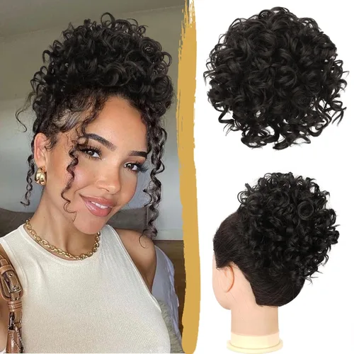 Miniatura 19 de PEACOCO Extensión de Cola de Caballo Corta y Rizada Moño Desordenado con Cordón Elástico Moño de Cabello Suelto para Mujeres con Cabello Delgado