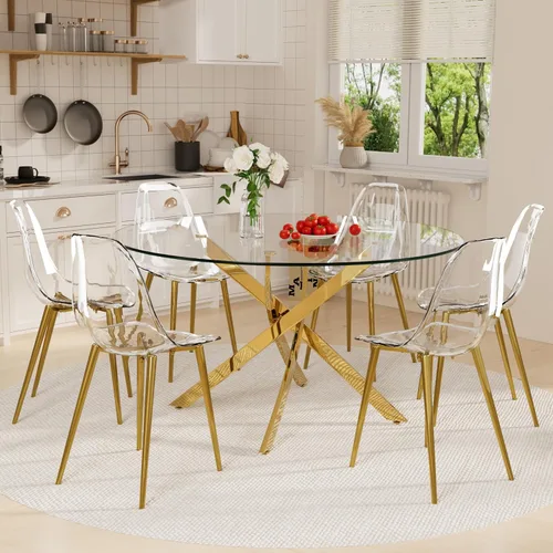 Miniatura 12 de Juego de mesa de comedor de cristal redondo transparente para 4, juego de mesa de cocina circular de 5 piezas, juego de mesa de comedor circular
