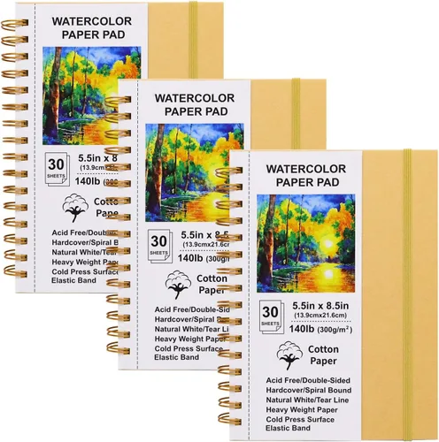 Bloc de papel de acuarela, 5.5 x 8.5, paquete de 3, libros de bocetos de tapa dura, papel de algodón pesado de 140 libras/10.58 oz/m², encuadernado