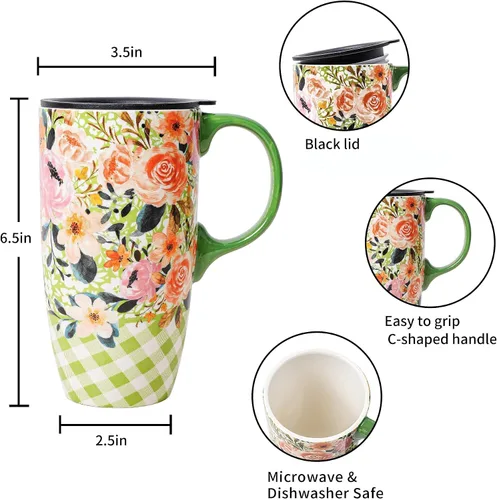 Miniatura 8 de Topadorn Taza de viaje de cerámica de 17 onzas con tapa, rosa acuarela y flores a cuadros, resistente a derrames, apta para microondas y Verde & Rosa