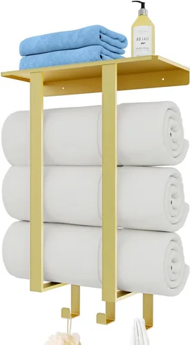 Miniatura 13 de Toalleros para baño, toallero con estante y 3 ganchos, soportes de almacenamiento de toallas de pared para toallas de baño enrolladas, color negro