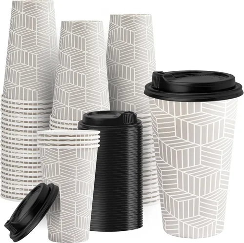 Miniatura 17 de RACETOP Tazas de café de papel de 12 onzas, paquete de 100 tazas de café desechables negras con tapas, tazas de papel caliente con tapas, taza