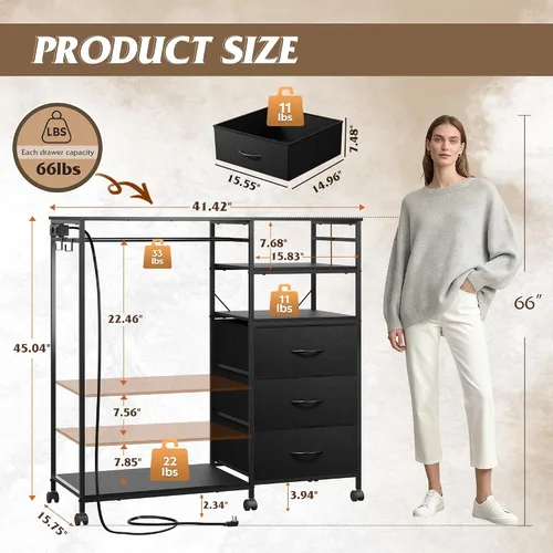 Miniatura 2 de WLIVE Cómoda negra con estante colgante para dormitorio, cómoda de 3 cajones con luces LED y estación de carga, cómoda de tela y cómoda, organizador