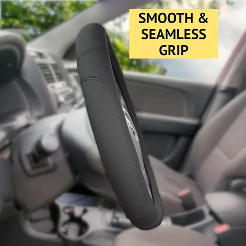Miniatura 3 de Funda para volante, negra, de piel auténtica auténtica, pequeña, de 14 pulgadas, para hombres y mujeres, universal, elástica, resistente al calor