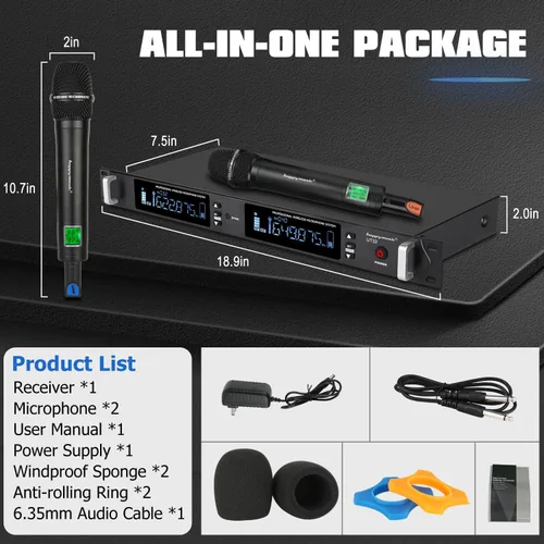 Miniatura 7 de Sistema de micrófono inalámbrico UHF profesional, micrófono de metal de 2 canales, juego de 2 micrófonos inalámbricos de mano, escaneo automático, 2