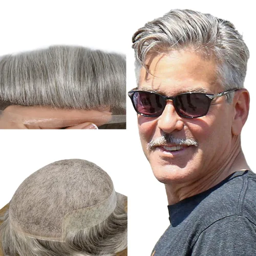 Miniatura 77 de LYRICAL HAIR Sistema de cabello humano con encaje frontal francés para hombres, tupé de piel de polietileno para hombres, línea capilar natural