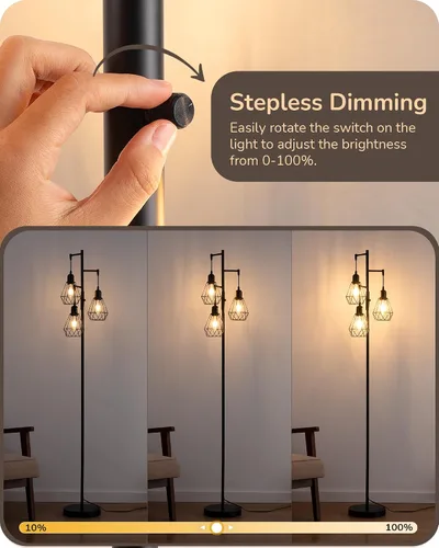 Miniatura 3 de EDISHINE Lámparas de Pie Estilo Granja de 70 Pulgadas para Sala de Estar, Lámparas Industriales Altas de Pie Regulables con 3 Bombillas LED Edison