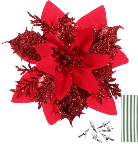 Toyvian Flores de pascua artificiales con purpurina navideña, 12 adornos de flores para árbol de Navidad, decoración de fiesta de Navidad con 12 Rojo
