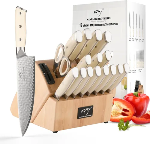 Miniatura 7 de NANFANG BROTHERS Juego de cuchillos de cocina de Damasco de 19 piezas con bloque, mango ergonómico ABS para juego de cuchillos de chef, afilador