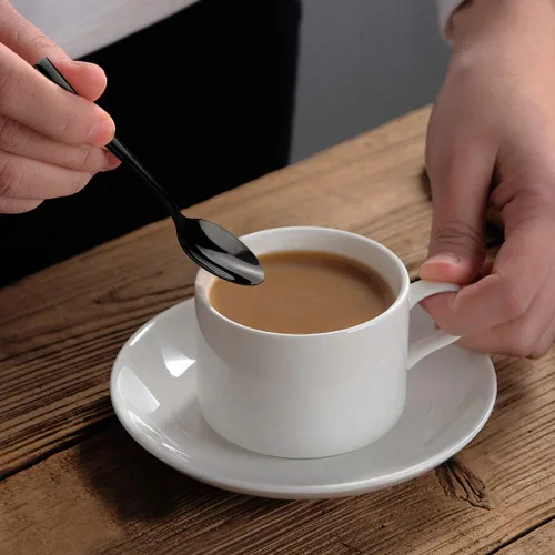 Miniatura 5 de Teyyvn Juego de 8 cucharas de café de acero inoxidable negro, juego de cucharas de café Demitasse Cucharas Demitasse de 5 pulgadas, acabado