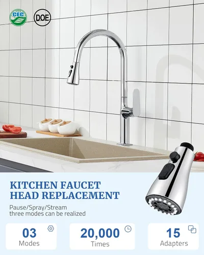 Miniatura 7 de Repuesto de cabezal de grifo de cocina con 15 adaptadores, 3 funciones, cabezal rociador extraíble para grifo de cocina, boquilla de cabezal Cromo