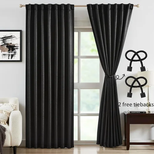 Miniatura 2 de Bujasso Cortinas de jacquard negras con bolsillo para barra, pestaña trasera y lazos de lujo, cortinas aisladas térmicamente para oscurecer