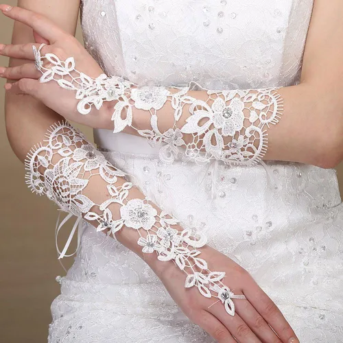 Miniatura 2 de JISEN Guantes de encaje de boda para mujer, regalo formal para banquete, fiesta, sin dedos, Blanco