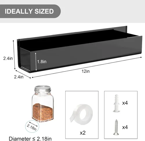 Miniatura 7 de PMMASTO Organizador de especias acrílico adhesivo para pared con cinta nano de doble cara, organización de estante de especias para puerta de Negro