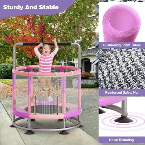 Miniatura 5 de Trampolín de 60 pulgadas para niños, trampolín para bebés y niños pequeños de fondo redondo antivuelco con aro de baloncesto, minitrampolín