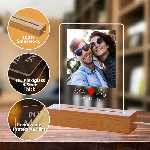 Miniatura 4 de Placa de fotos de acrílico LED personalizada, regalos de aniversario personalizados para parejas con nombres grabados, luz nocturna romántica