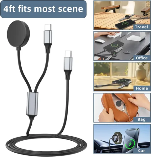 Miniatura 7 de Cable de carga USB C 2 en 1 para Samsung Galaxy Watch 8/8 Classic/7/FE/Ultra/6/6 Classic/5/5 Pro/4/4 classic/3/Active 2/Active y Galaxy