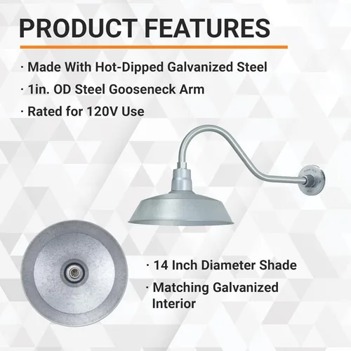 Miniatura 6 de 14 pulgadas. RLM Warehouse - Pantalla con brazo de cuello de cisne y bombilla Led A19 5000K de 9W Galvanizado (paquete de 1)