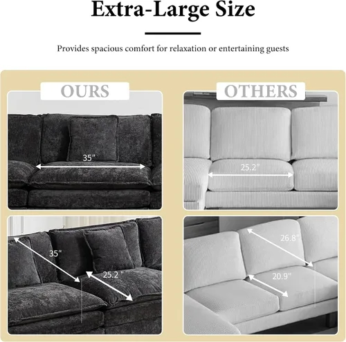 Miniatura 5 de Sofá modular negro de 111.5 pulgadas, sofás seccionales grandes de 3 plazas para sala de estar, sofá nube de tela de felpilla de gran