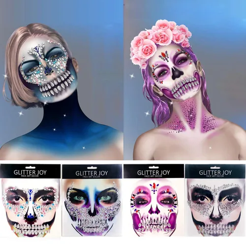 Miniatura 2 de Paquete de 4 gemas de cara de Halloween, tatuaje temporal con diamantes de imitación para el Día del Cráneo Muerto, calcomanías para la cara, joyas