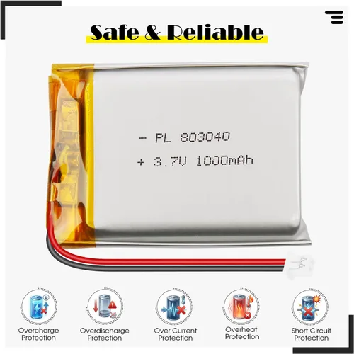 Miniatura 2 de 803040 3.7V 1000mAh LiPo Batería - Batería recargable de polímero de litio con placa de protección y conector Micro JST 1.25 para dispositivo
