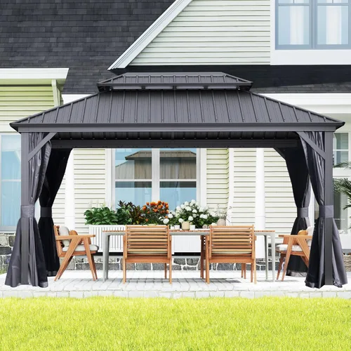 Miniatura 46 de Domi - Cenador de techo rígido de 8 x 8 pies con malla y cortinas, cenador para exteriores con techo doble de acero galvanizado para patio, césped