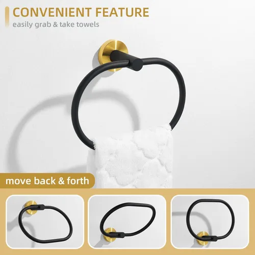 Miniatura 3 de Angle Simple Toallero con forma de anilla giratorio, soporte para toallas de mano de acero inoxidable para baño, colgador para pared, negro y dorado