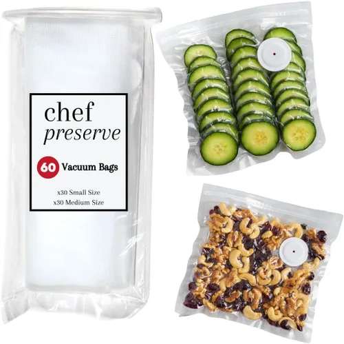 Bolsas de sellado al vacío reutilizables Chef Preserve para alimentos – 60 bolsas de almacenamiento de alimentos sin BPA, congelador, microondas –