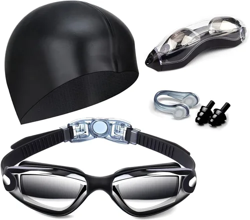 Gafas de natación sin fugas con clip de nariz, tapones para los oídos, gorro de natación y funda para hombres y mujeres Negro