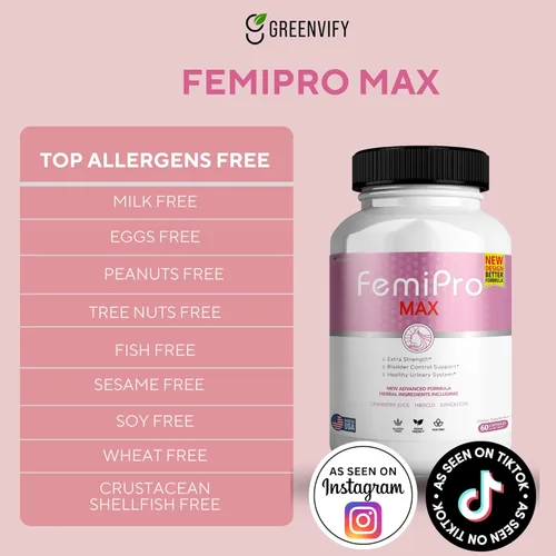 Miniatura 3 de FemiPro MAX Suplemento de apoyo urinario para mujer, 60 cápsulas, control de vejiga extra fuerte con arándano, hibisco, diente de león, vegano, sin