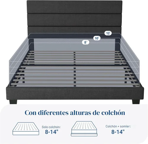 Miniatura 7 de Allewie Base de cama de plataforma tamaño Queen con cabecera tapizada de tela y soporte de listones de madera, base de colchón totalmente tapizada
