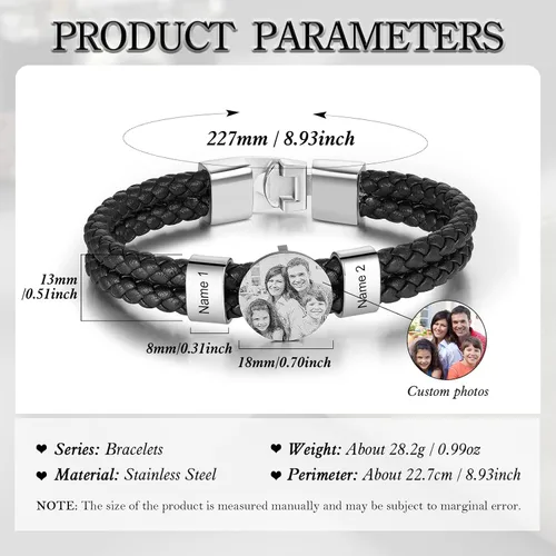 Miniatura 2 de Pulsera de cuero personalizada para hombre, grabada con nombre, imagen, foto, cuerda trenzada para papá, marido, abuelo, novio