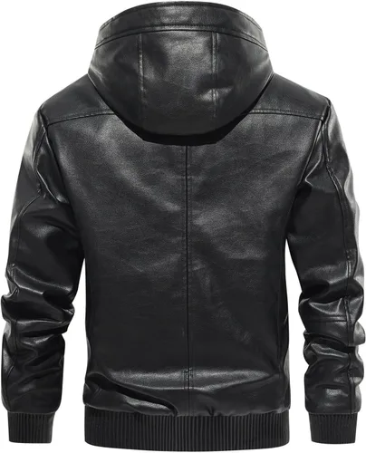 Miniatura 4 de MANSDOUR Chaqueta de cuero sintético para hombre con forro de vellón negro cálido, chaqueta bomber de motocicleta con capucha