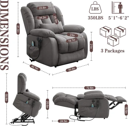 Miniatura 3 de Infinite Position Lay - Silla reclinable plana para adultos, silla elevadora eléctrica de doble motor para personas mayores con masaje