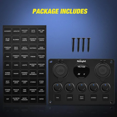 Miniatura 6 de Nilight 90101E - Cargador USB dual de 5 bandas multifunción basculante + volímetro digital + salida de 12 V, panel de interruptores precableado