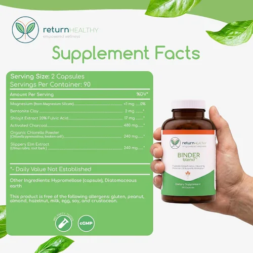 Miniatura 8 de Binder Blend – Suplemento de toxina aglutinante, cápsulas de desintoxicación para un intestino sano – 180 cápsulas – 90 porciones – 960 mg de carbón