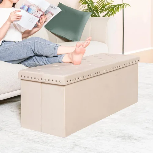 Miniatura 6 de PINPLUS Banco Otomán de Almacenamiento Plegable, Taburete Reposapiés Plegable de Terciopelo Acolchado con Remache, Banco para Pie de Cama, Baúl