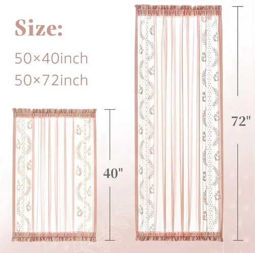 Miniatura 8 de jinchan Cortina de puerta francesa semitransparente con lazos de amarre, cortina de privacidad de gasa bordada floral para puerta de patio, armario
