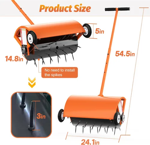 Miniatura 3 de Aireador de césped rodante de 24 pulgadas, herramienta de aireación manual resistente, hasta 70 libras, herramienta de aireación de picos de empuje