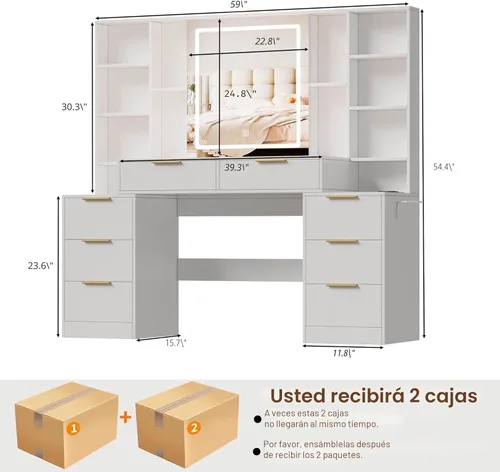 Miniatura 2 de FURNJOYLIFE Escritorio grande de maquillaje con espejo iluminado y toma de corriente, tocador con 3 modos de iluminación ajustable, cajones