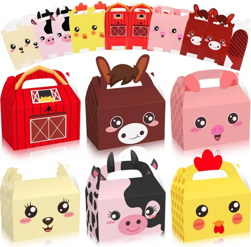 MIKIMIQI Decoraciones de fiesta de animales de granja, 12 cajas de regalo, suministros de fiesta de cumpleaños para niños y niñas, baby shower