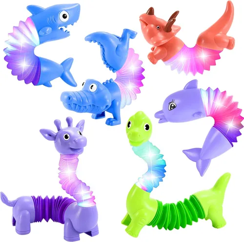 Delighkidz Juguetes antiestrés de animales para niños pequeños: 6 tubos LED de animales para niños de 3, 4, 5, 6, 7, 8 años, regalos de cumpleaños,
