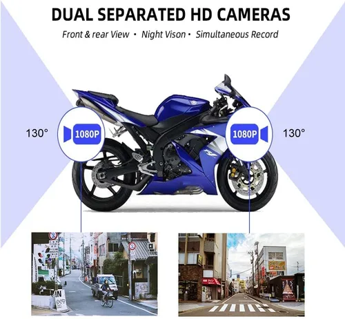 Miniatura 4 de VSYSTO Cámara WiFi para salpicadero de motocicleta, 2 canales, lente gran angular de 130°, visión nocturna frontal y trasera HD 1080P, sistema DVR