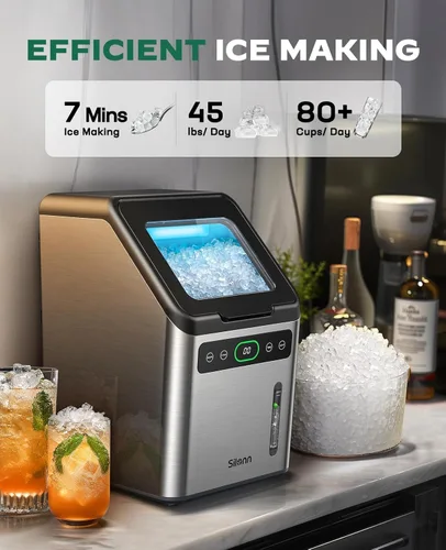 Miniatura 4 de Silonn Nugget Máquinas de Hielo para Encimera, Temporizador Máquina de Hielo de Guijarros con Hielo Suave Masticable, Máquina de Hielo de 44 libras